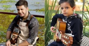 Após 9 anos, filho de Cristiano Araújo abre caixa do pai e comove a web cristiano-araujo-e-o-filho-bernardo
