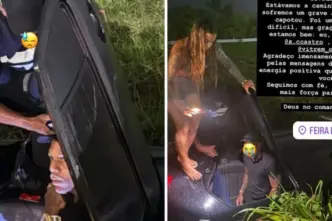 Carro com cantor Oh Polêmico capota na BR-324 e ele escapa ileso: “Grande livramento”